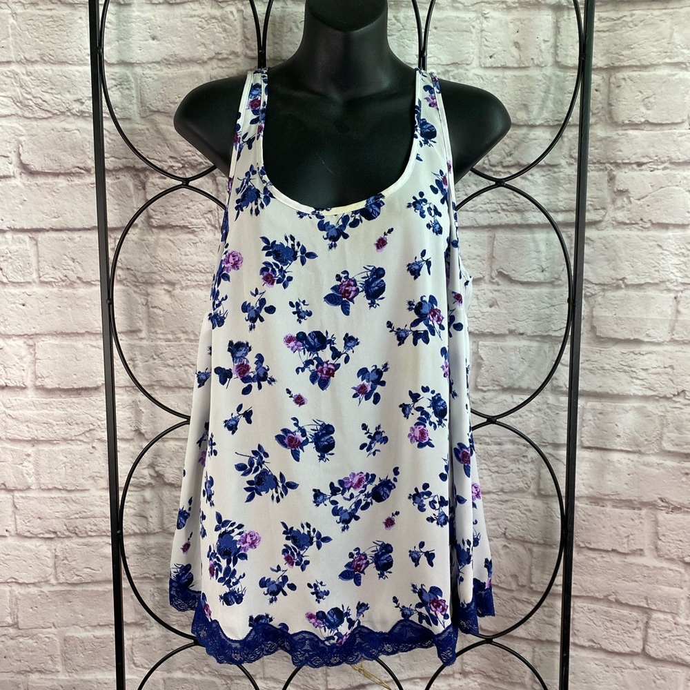 Torrid tank top shell White navy purple lace trim